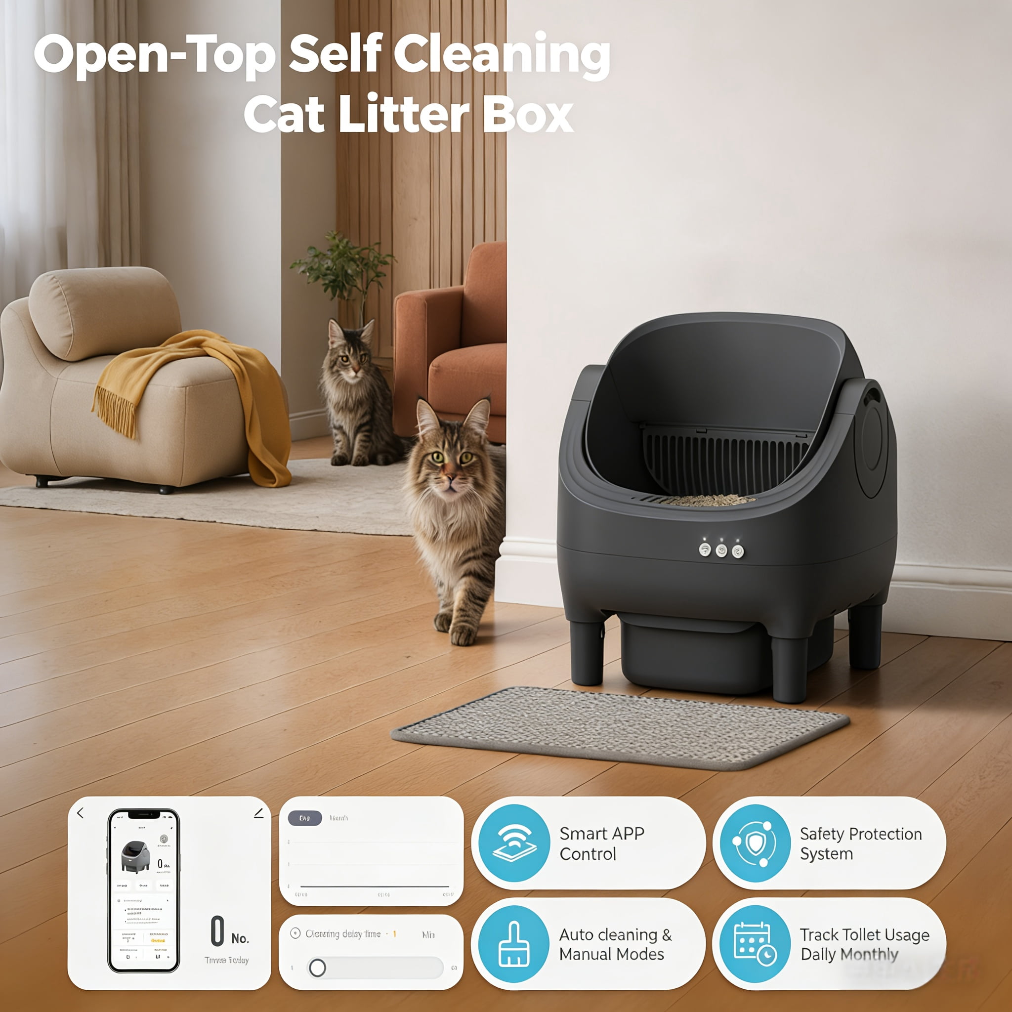 3.43 Gal Extra Large Gray Self Cleaning Cat Litter Box, 2.4G Wifi Automatic Kitty Litter Boxes, Double Odor Removal Safety Protection With App Control, Contain 1 Rolls Liners Bags, 1 Cat Litter Mat