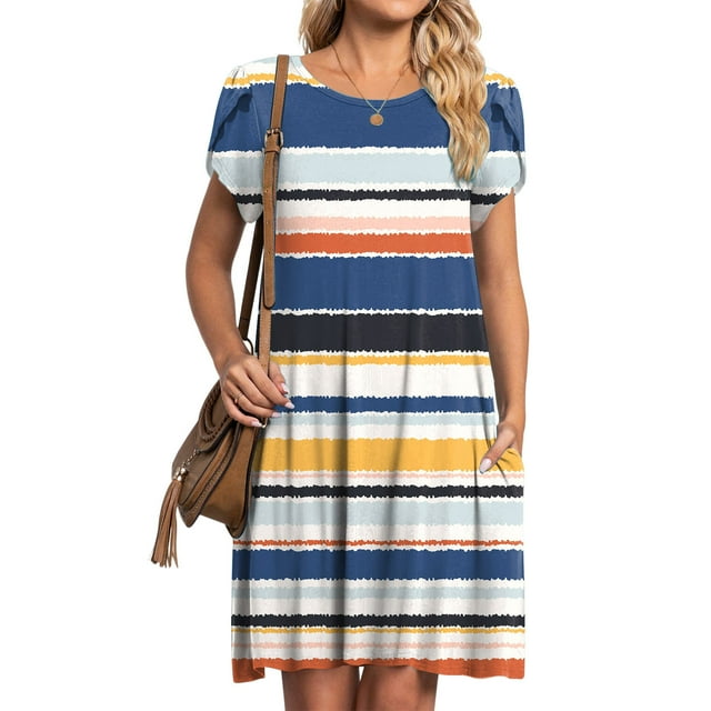 Jusqu'à 65 % de Rabais! Robes d'Été Mode pour Femmes 2024 Grande Taille Décontractées à Col Rond à Manches Imprimé Floral avec Poche Robe Ample Longueur Genou