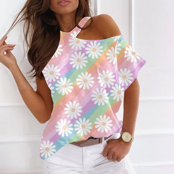 Fiudx Ofertas Flash Del Día Solo En Línea Mujer Verano Cuello Redondo Manga Corta Estampado Sin Tirantes Camiseta Tops Blusas