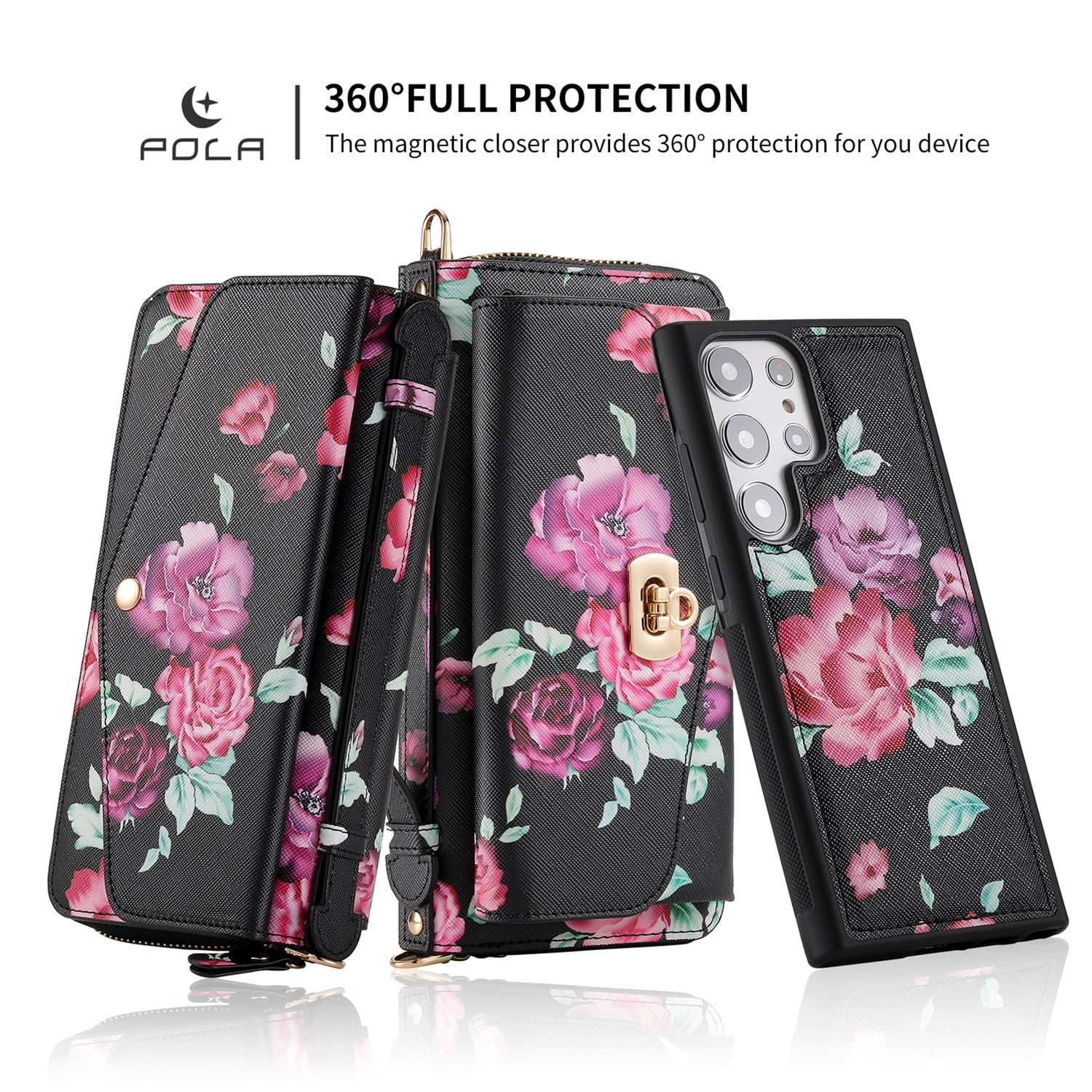 SaniMore Magnetic Detachable Wallet Case for Samsung Galaxy S22 Ultra, Flower Pattern RFID Blocking Cover Support Wireless Charging Card Slot Shoulder & Wrist Strap 360° Full Protective Shell, Black