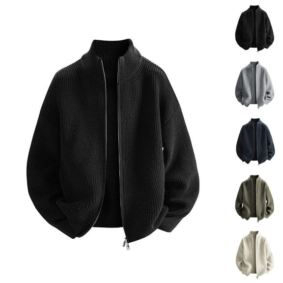 Jackets for Men 2025 Fall Winter Loose Casual Long Sleeve Stand Collar Zip Up Jacket Knit Cardigan Outerwear Coat