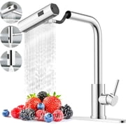 Single Hole Kitchen Sink Faucets with Pull Down Sprayer in Chrome, Single Handle, High Flow Water, Pull Out Tap, Stainless Steel Tall Kitchen Faucet