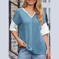 thumbnail image 4 of Puntoco Short Sleeve Women Tops ,Womens Fashion Color Block Shirts Short Sleeve Crewneck Knitted Spring Summer Tops Casual Trendy Light Blue XL(XL), 4 of 9