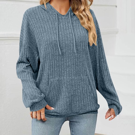 CQONEPT Womens Sweaters Knit Casual Hoodies Drawstring Ribbed Pullover Tops Long Sleeve Blouse with Pockets Navy S