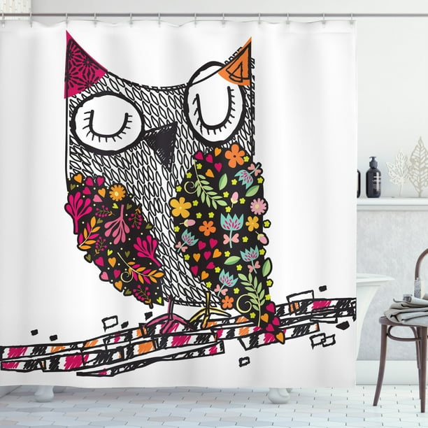 Owls Home Decor Shower Curtain Set, Owl Shaped By Geometric Floral