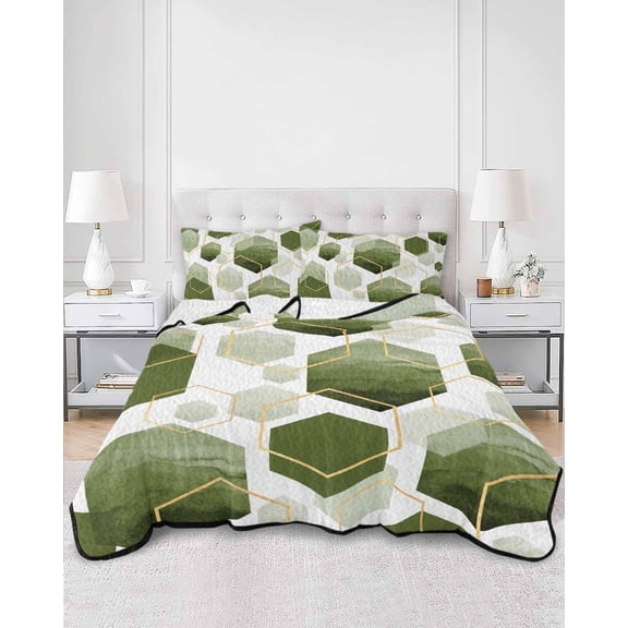Quilts Twin XL Size, Sage Green Marble Soft Comforter Bedding Set for Bed, Gold White Geometric Hexagon Modern Lightweight Quilted Bedspread with Pillow Cover(2 Pieces) for All Season, 68x98 Inch