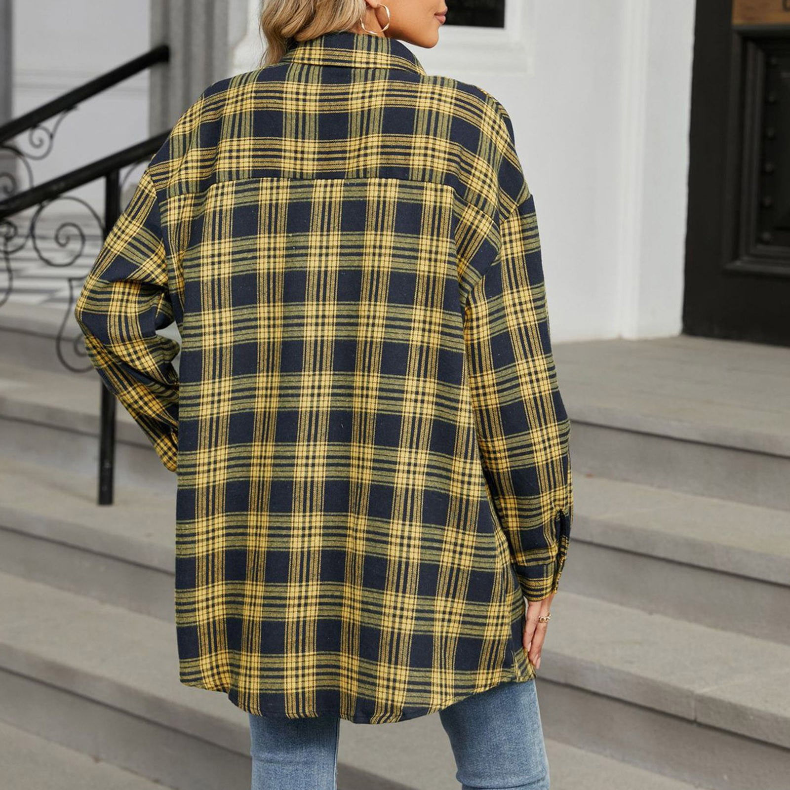 HOTOUCH Women Large Flannel Plaid Shirt Roll Up Long Sleeve