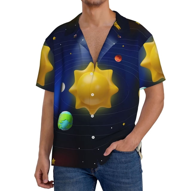 Balery Solar System Camisa Casual de Manga Corta con Botones para Hombre, Texturizada, Estilo Cubano, para Playa, Verano-Small