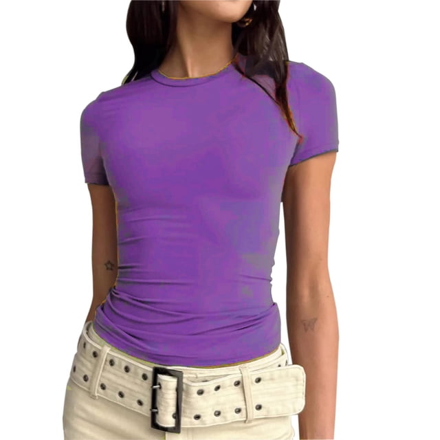 LSLJS T-Shirts pour Femmes T-shirt à Manches Courtes pour Femmes Couleur Unie Basique Col Rond Haut Décontracté Chandail T-shirt