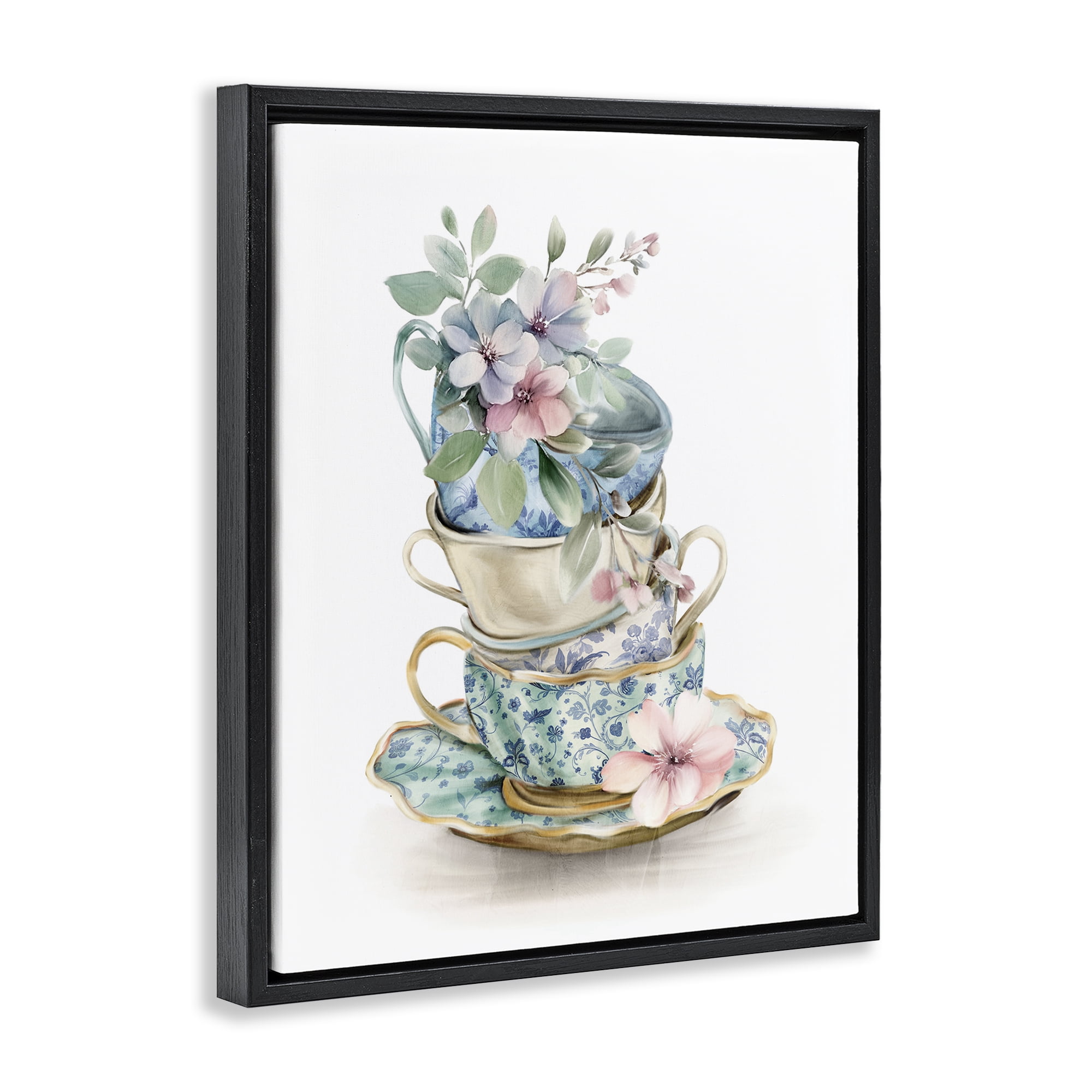 Stupell Industries Floral Teacup Chinoiserie Black Framed Floater Canvas Wall Art, design by Kim Allen