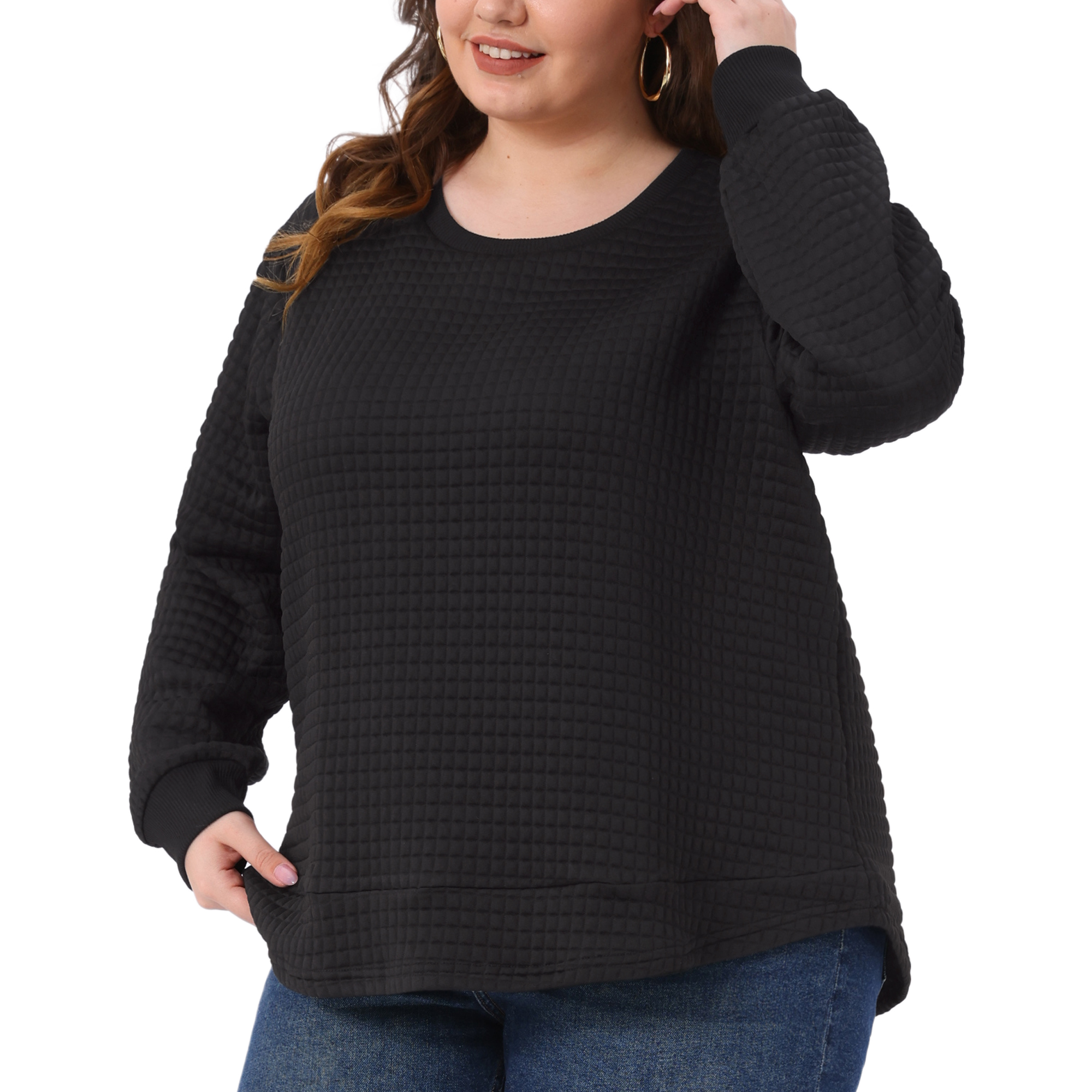 DARING DIVA Women's Plus Round Neck Long Sleeve Casual Pullover Blouse 5X Black
