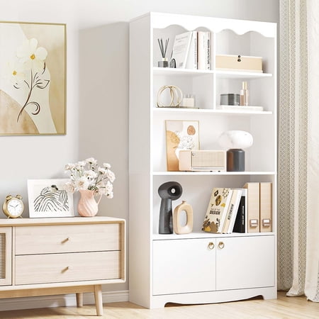 Bookshelf 5 Tier Open Bookcase and Bookshelf Modern Bookcase with Doors Wood Bookcase Storage Organizer Shelf 63 in Tall Display Storage Shelves for Bedroom Living Room Office White