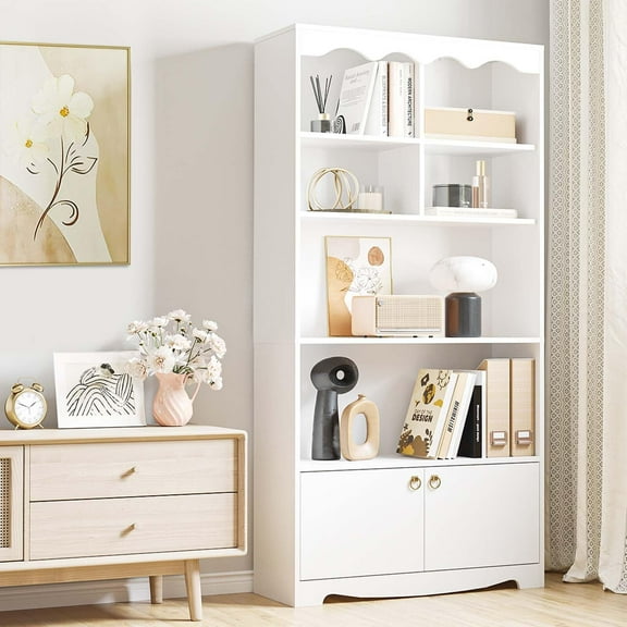 Bookshelf, 5 Tier Open Bookcase and Bookshelf, Modern Bookcase with Doors, Wood Bookcase Storage Organizer Shelf, 63 in Tall Display Storage Shelves for Bedroom Living Room Office, White
