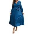 thumbnail image 2 of Seyurigaoka Womens Long Sleeve V-Neck Wrap Dresses Solid Color High Waist Pleated Long Skirts with Self Belt Puff Sleeve A-Line Sundress, 2 of 7