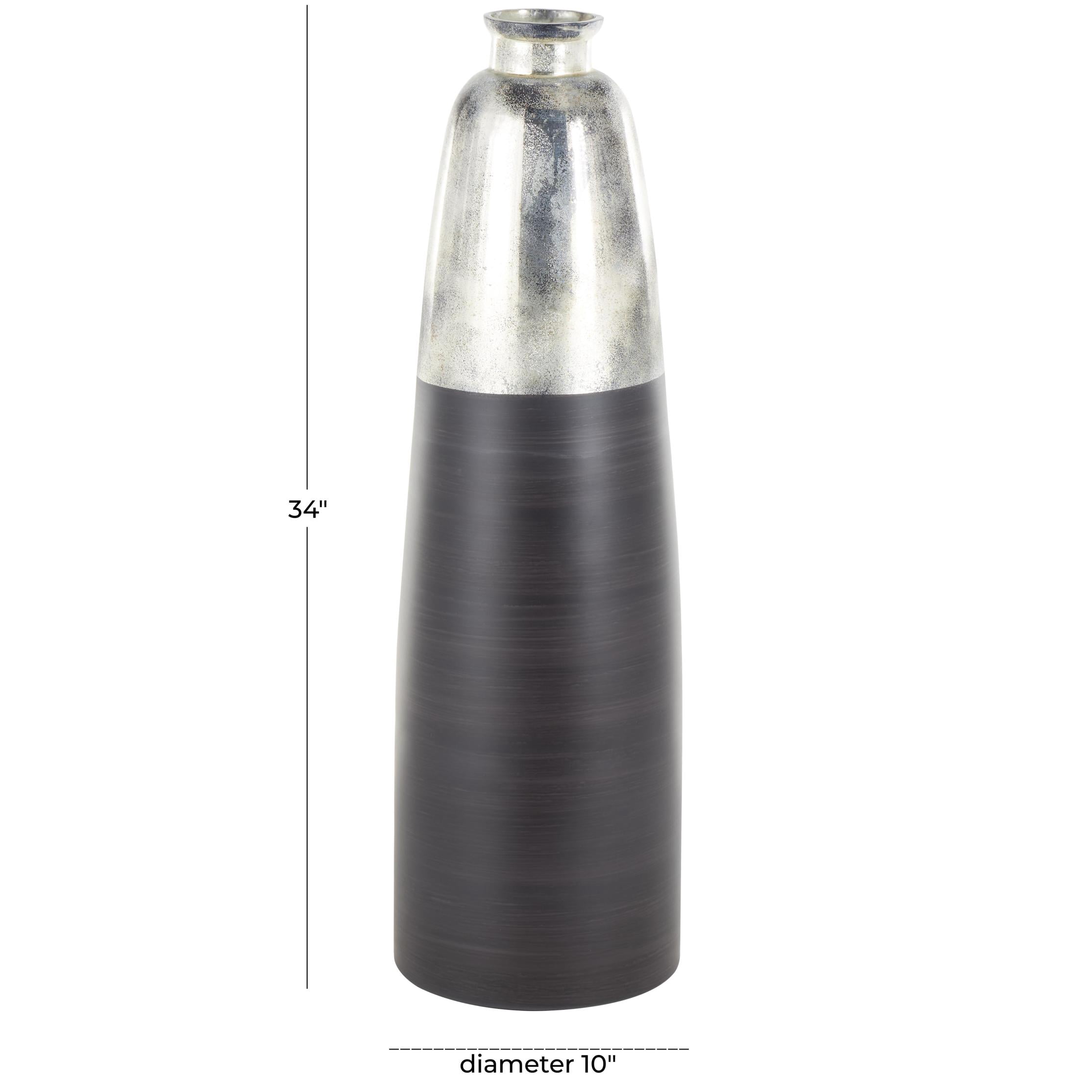 DecMode 34" Tall Brushed Two-Toned Floor Black Glass Vase with Textured Silver Top