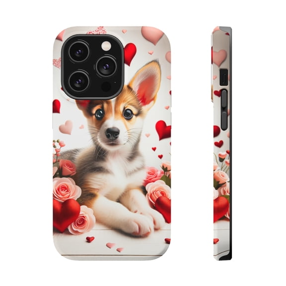 DistinctInk Tough Case for Apple iPhone 15 PRO (6.1" Screen), Compatible with MagSafe Charging - Valentine's Day Norwegian Lundehund Puppy