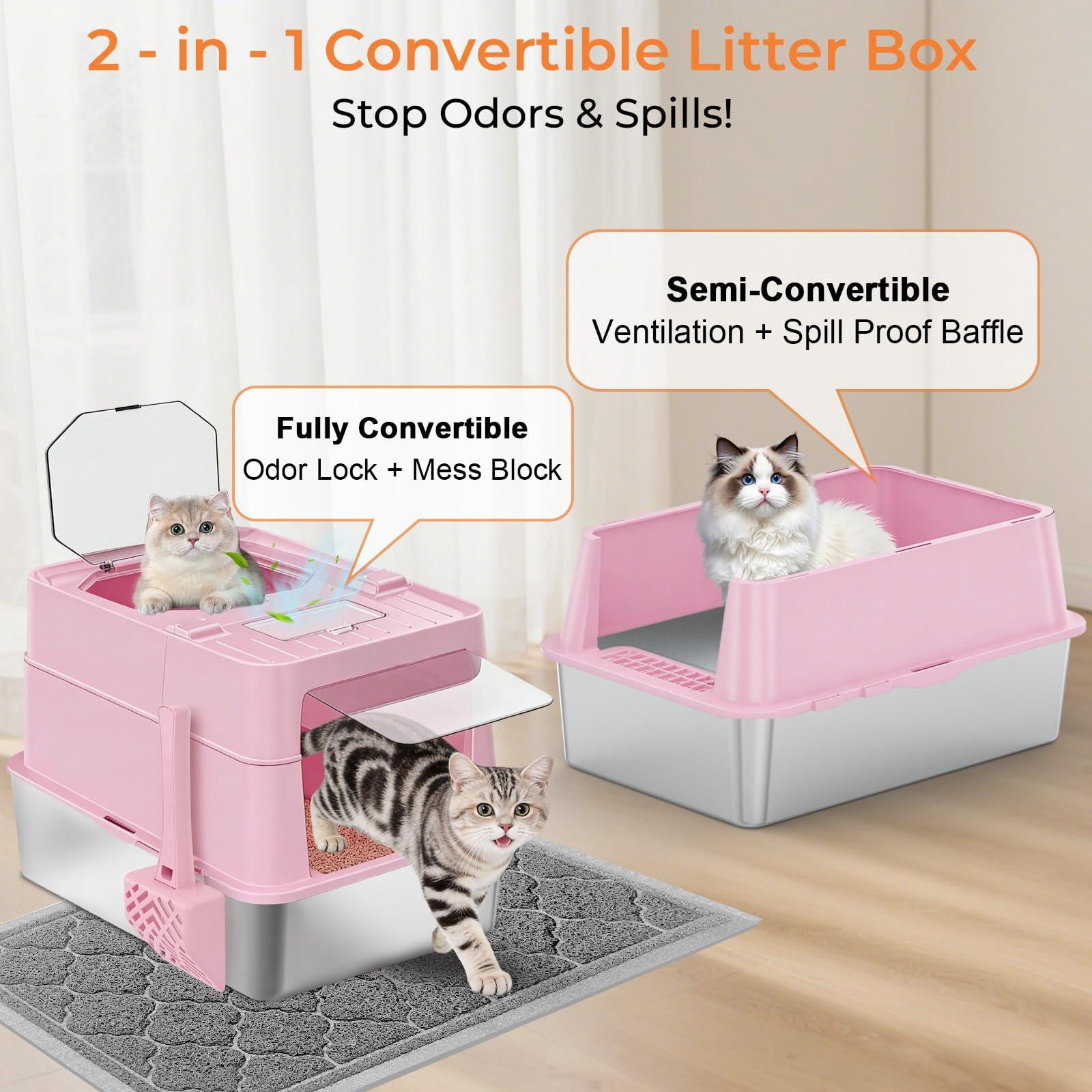 Stainless Steel Cat Litter Box With Lid Extra Large Enclosed Non-sticky Metal Pan High Sided & Scoop  Odor Free Front Top Entry Anti-leakage Easy Cleaning