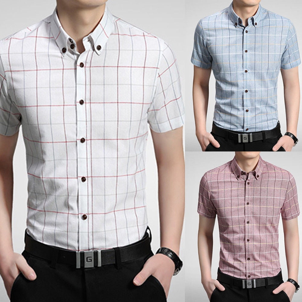 Mens Slim-Fit Cotton Short Sleeve Shirt Short Sleeve Button Down Shirts Plaid Shirt Dress Shirts 