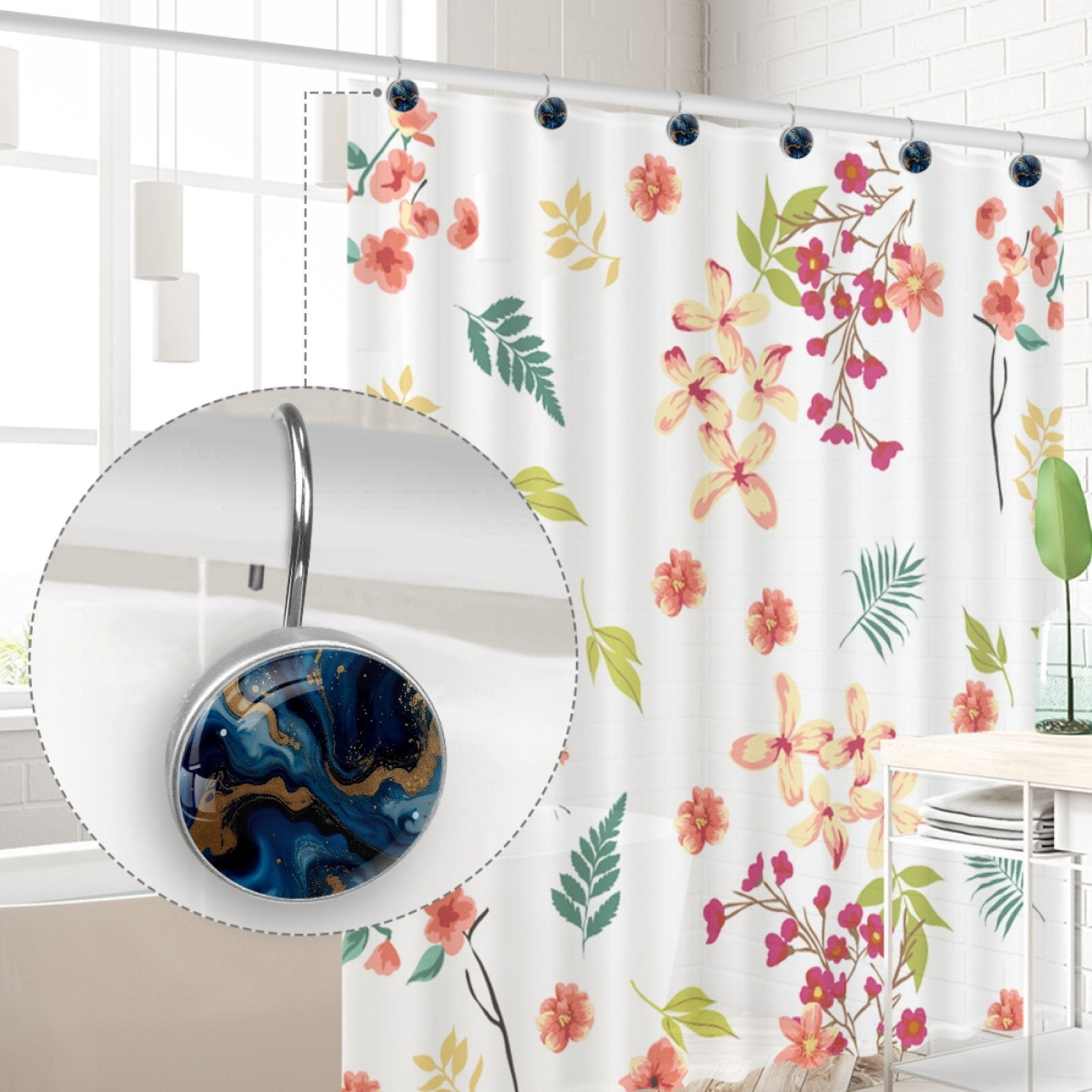 Blue Gold Abstract Marble 12 Pack Shower Curtain Hooks, Decorative Shower Rings for Shower Curtain Rods, Stainless Steel, Rust Resistant, Round Curtain Hooks for Bathroom