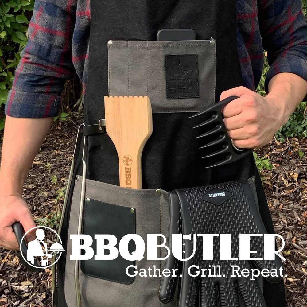 BBQ Butler Grilling Apron - Premium Waxed Canvas Apron - Deluxe Leather - Black & Grey