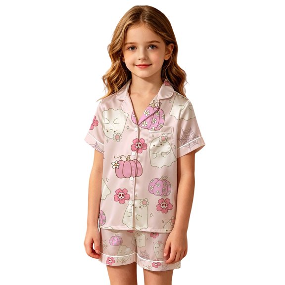 Girls Pajamas 2 Piece Loose Halloween Stylish Print Short Sleeve Lapel Pocket Button Shirt And Shorts Pjs for Girls Size 2-3 Years