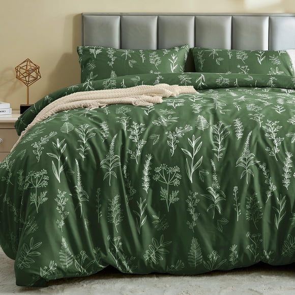 Funda de edredón MUXHOMO, tamaño king, reversible, floral, verde oscuro