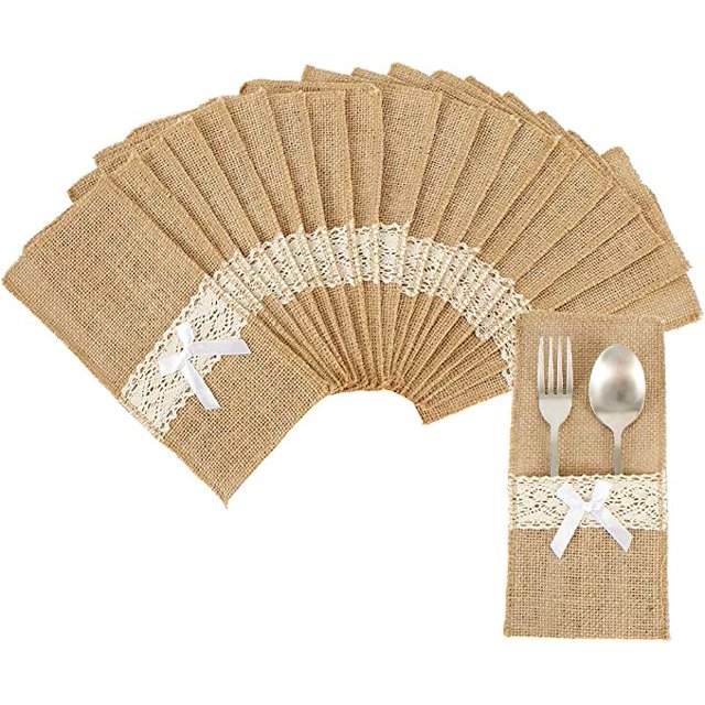 Bolsa para cubiertos de yute para 20 piezas y soporte cubierto de encaje con lazo rústico, bolsa para cubiertos, suministros Vintage, decoración de mesa, cena para fiesta de boda ER
