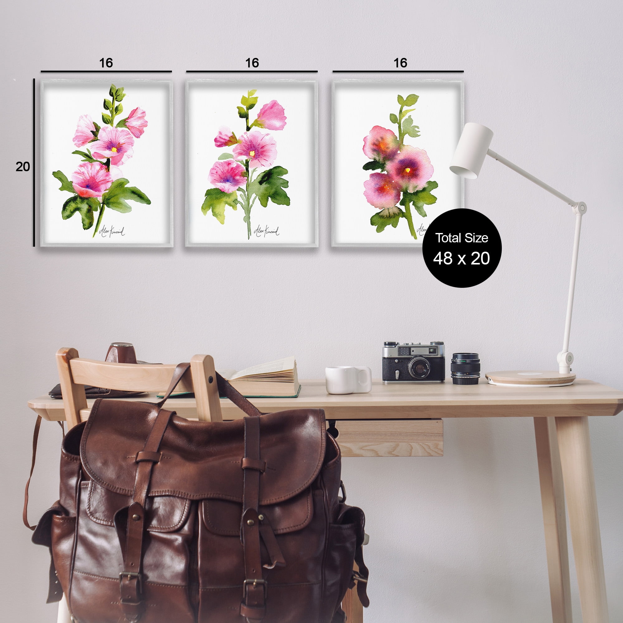 Stupell Industries Pink Flower Watercolors Botanical & Floral Painting Gray Framed Art Print Wall Art, 16 x 20, Set of 3