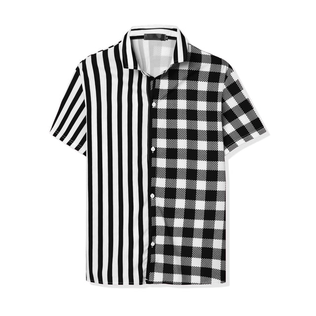 INSPIRE CHIC Camisa de cuadros a rayas estampada con botones y manga corta en color en contraste negro XXL