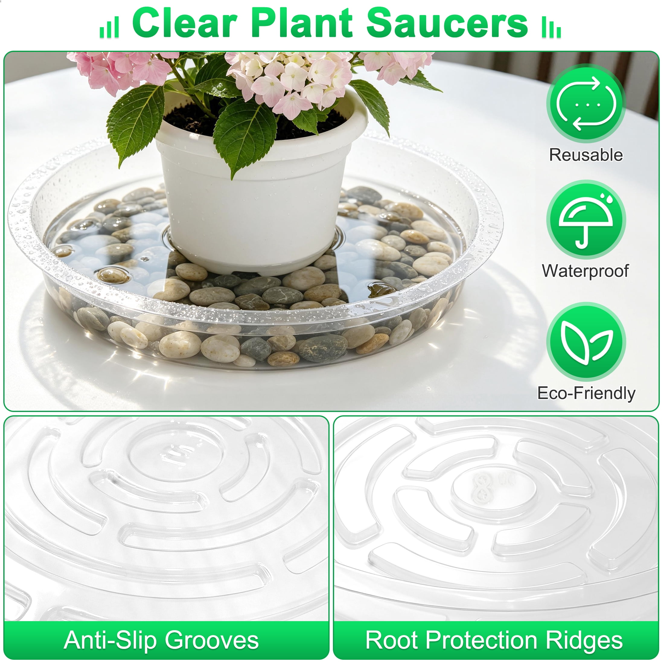 15 Pack Clear Plant Saucers, 6 8 10 Inch Plastic Flower Pot Saucers with Plant Labels, Heavy Duty Plant Drip Trays with Anti‑Slip Ridges, Plant Pot Saucer for Indoor Outdoor Pots