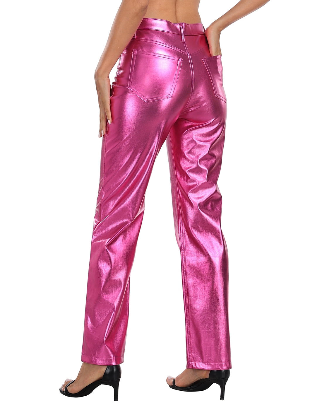 HDE Women's Metallic Faux Leather Pants High Waisted Trousers Hot Pink 6