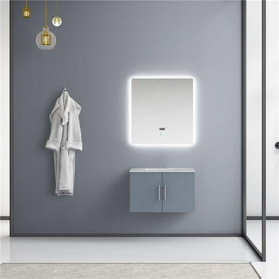 30 in. Geneva Single Bathroom Vanity, White Carrara Marble Top, White Square Sink & 30 in. LED Mirror - Dark Grey