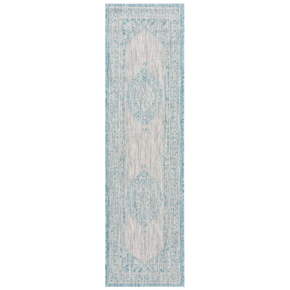 SAFAVIEH Courtyard Avi Medallion Indoor/Outdoor Runner Rug, Light Grey/Aqua, 2'3" x 12'