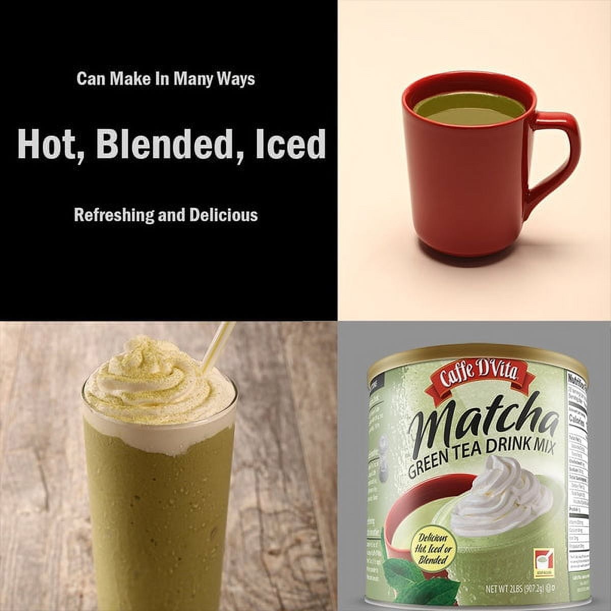 Caffe D'Vita Green Tea Matcha Drink Mix, 2 lb/ 32 oz Canisters in a 4 Pack