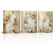 Hieng Beige and White Wall Art Decor White Cats Painting Prints Vintage Cat with Flower Canvas Farmhouse Kithen Bedroom Decorations