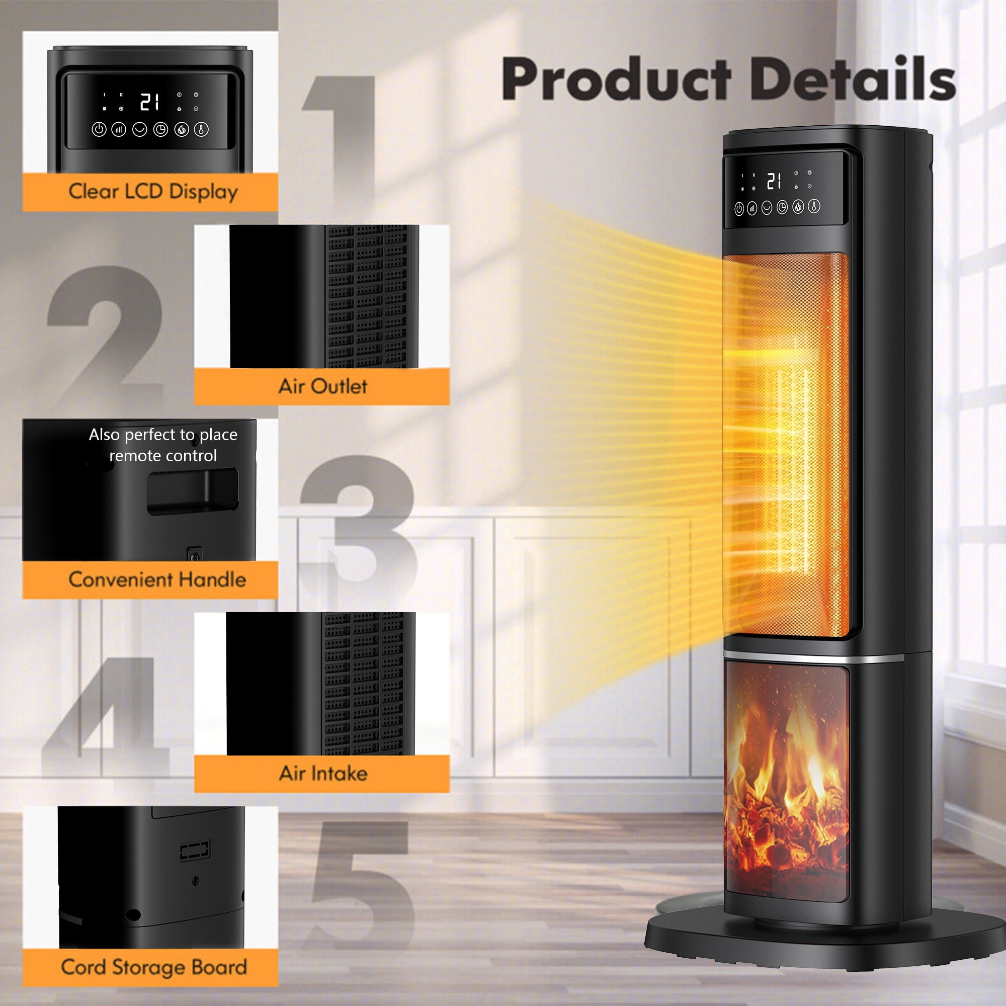 HONGGE Space Heater, Portable Electric Heater for Indoor Use with Thermostat, Digital Display, 1-12 Hour Timer, 1500W PTC Ceramic Fast Heating with Remote, Safety Features for Office, Bedroom & Home