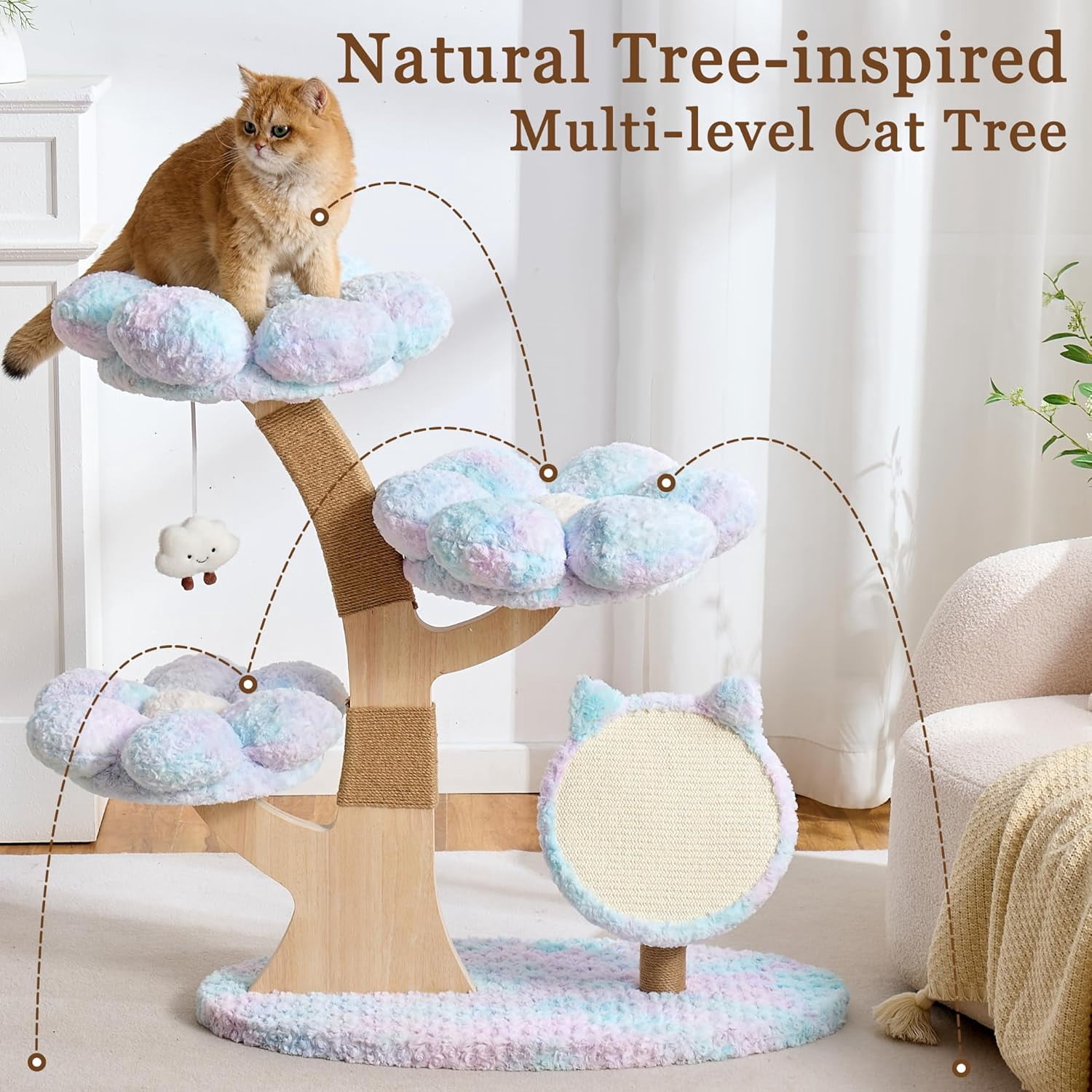 Modern Cat Tree Tower for Indoor Cats Large Adult, 37 inch Flower Cat Tree with Scratching Post, Luxury Aesthetic Cat Tree with Cloud-Soft Flower Perches and Physical Mouse-Sound Hanging Toy