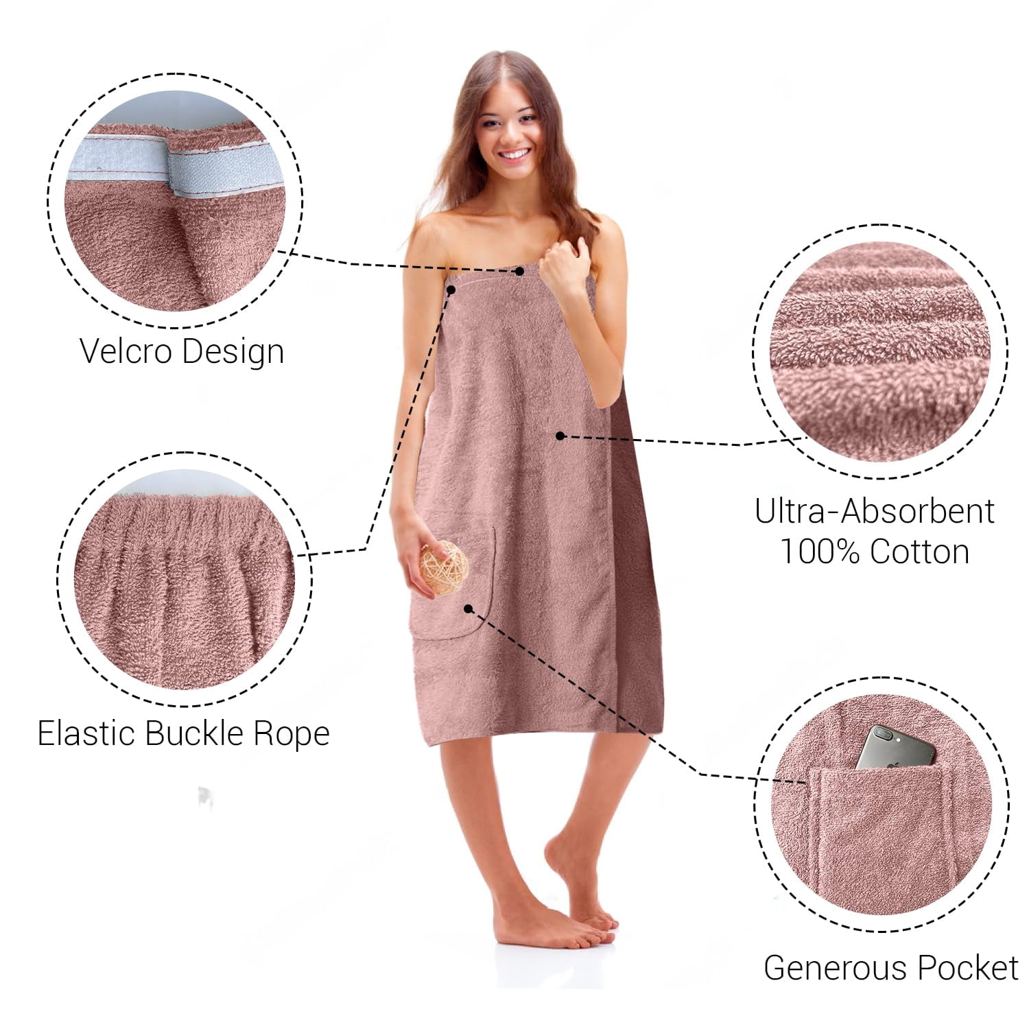 Dan River Shower Wrap With Pocket Pack of 1 Lightweight Terry Cotton Bath Towel Wrap - Dusty-Rose, 32X60in
