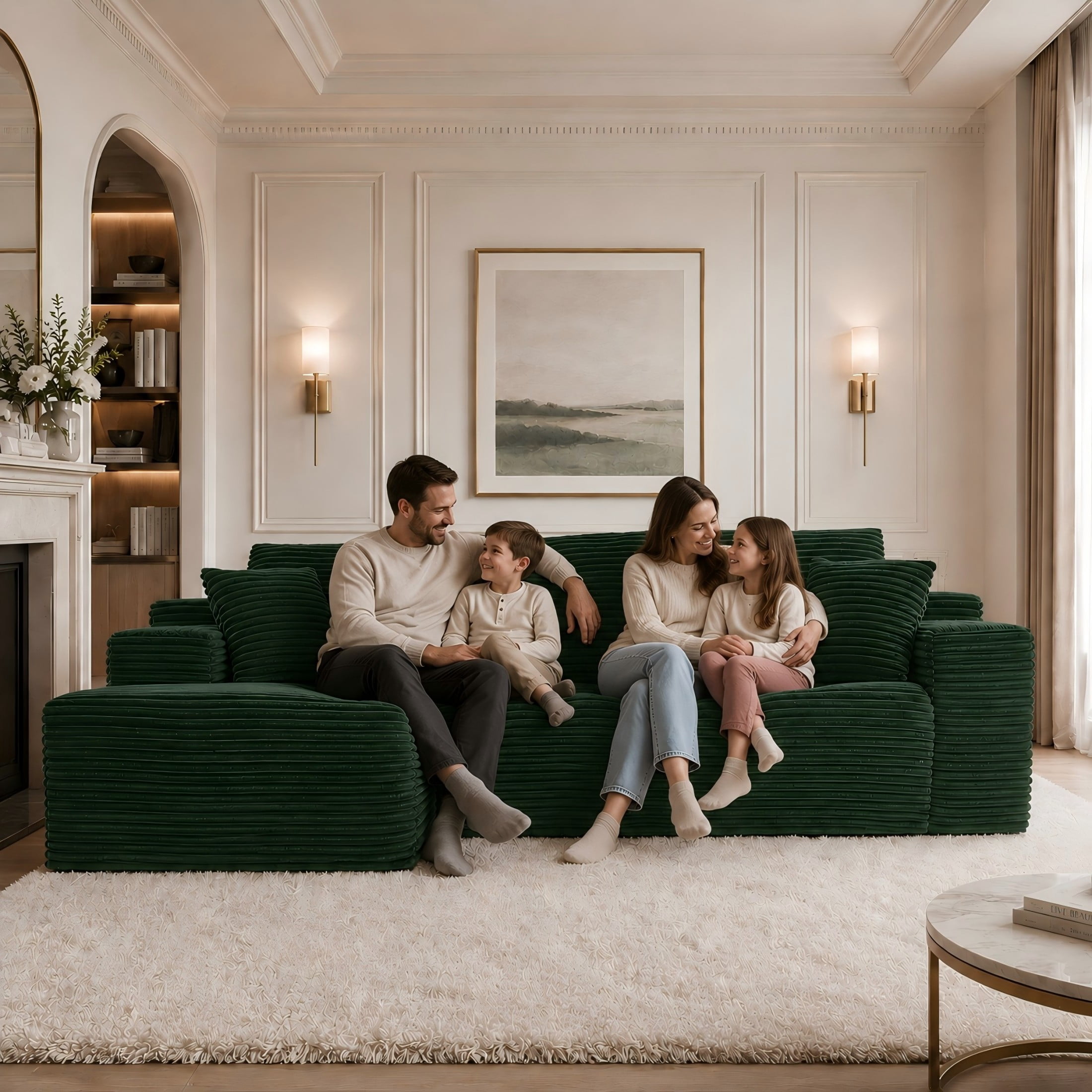 Aukfa 107" Cloud Modular Sectional Couch with Left-Facing Chaise, Corduroy Deep Seat Boneless Sofa for Living Room, Apartment, Emerald