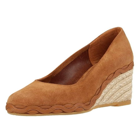 FSJ Women Charming Braided Espadrille Wedge Mid Heel Pumps Round Closed Toe Slip On Casual Office Party Formal Shoes Size 10 Brown