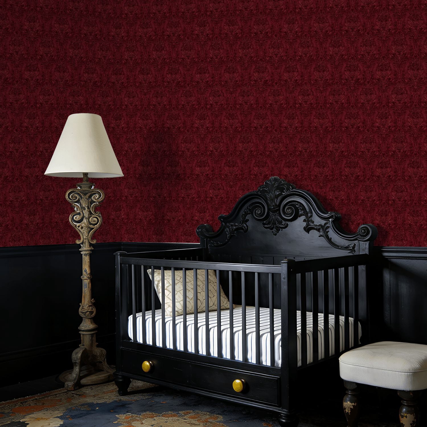 Peel and Stick Wallpaper Baroque Elegant Burgundy Damask Vintage Floral Design Wall Mural 23.6in x 9.8ft Self Adhesive Removable Wall Paper Renter Friendly Wallpaper for Nursery Bedroom Cabinets