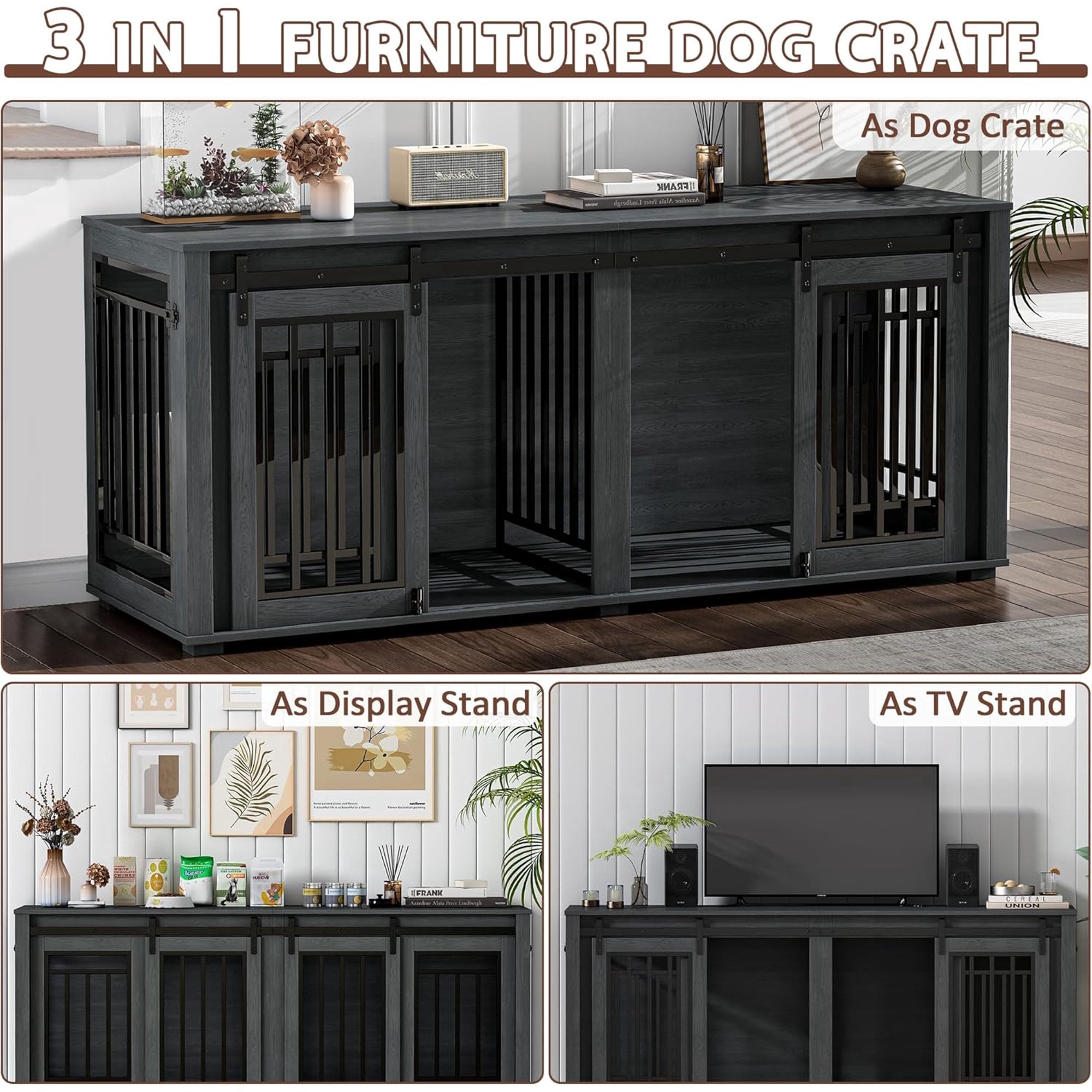 NEORIVER Large Dog Crate Furniture for 2 Dogs, 71" Sliding Door Heavy Duty Dog Kennel Furniture with Divider, Steel Frame Indoor Double Dog Crate for Large Medium Small Dogs, Dark Black