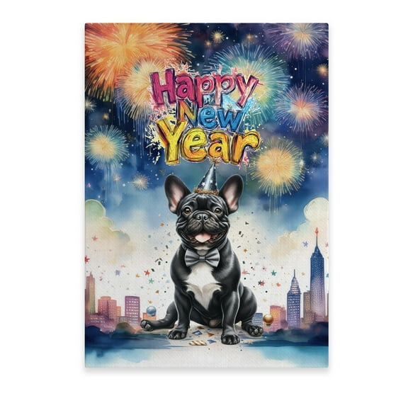 Happy New Year with French Bulldog Fireworks Holiday Xmas Winter 2025 Vertical Matte Canvas Poster Dog Lover Gifts Wall Art Home Decor - 00025