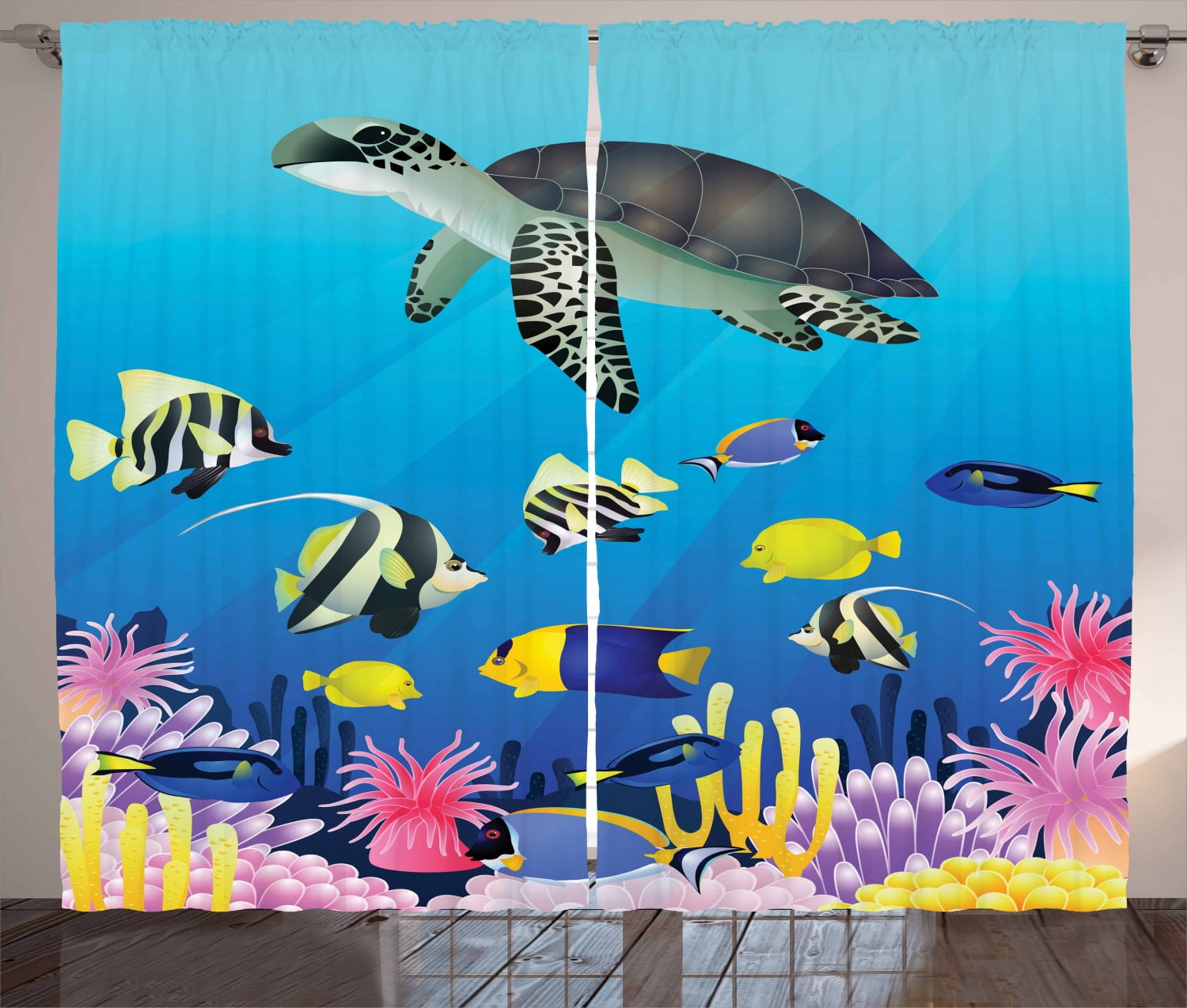 3D Seabed Turtle Fish Reef Blockout Curtain Fabric Window Curtains 2Panels Mural 