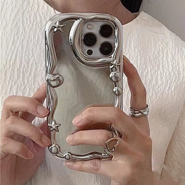 Funda de teléfono con correa de cadena de perlas de corazón 3D chapada en plata de estrella de Corea Y2K para iPhone 14, 13, 12, 11 Pro Max, X, XS, XR, 7, 8, regalo de concha suave Fivean unisex