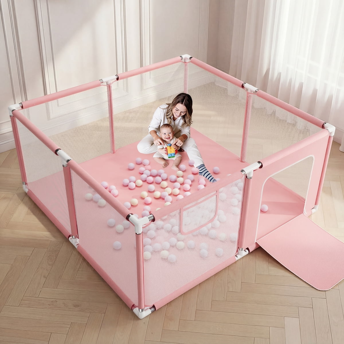 Baby Playpen, Outdoor Play Yard, Portable Play Yard 4-Panel- Baby Foldable Safety Playpen for Infant Toddler,Pink
