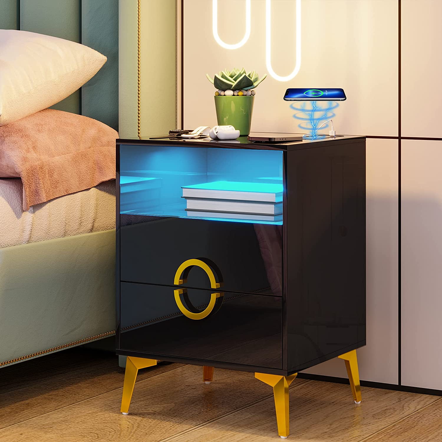 HNEBC Auto LED Nightstand with Wireless Charging Station & USB Port