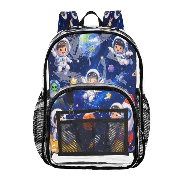 Clear PVC Backpack 12L Transparent Shoulder Bag with Mesh Pockets Cute Space Astronauts Pattern