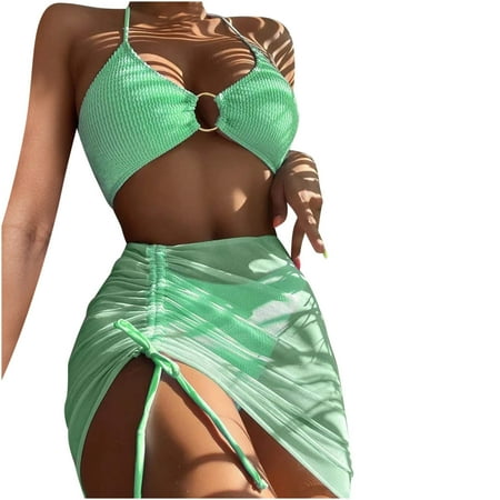 Lopeceal Women s 3 Piece Bathing Suits Halter Ring Bikini Set with Cover Up Skirts