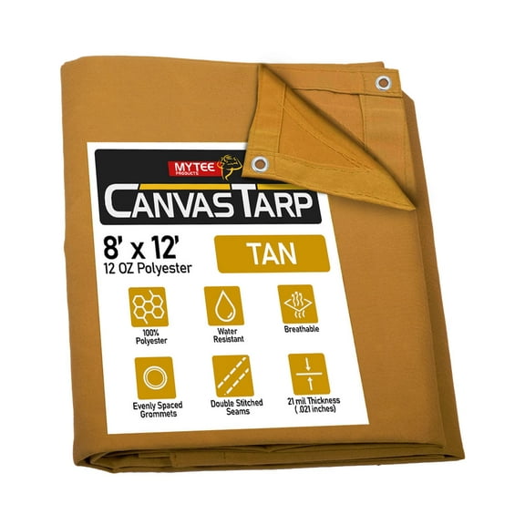 8' x 12' Tan 12oz Canvas Tarp with Grommets - Water Resistant - Heavy Duty Canvas Tarps - Multipurpose Tarpaulin Cover for Canopy Tent, Roof, Camping, Semi Trucks & Cargo